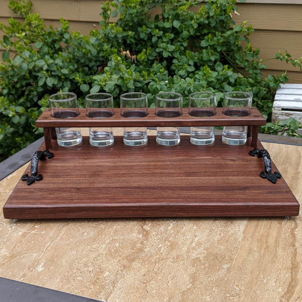 Black Walnut Wood Beer Flight Butcher Block / Charcuterie Board with 5.5 oz. Taster Glasses, Stainless Steel Sauce Cups, Cast Iron Handles, & Clear Rubber Grip Feet