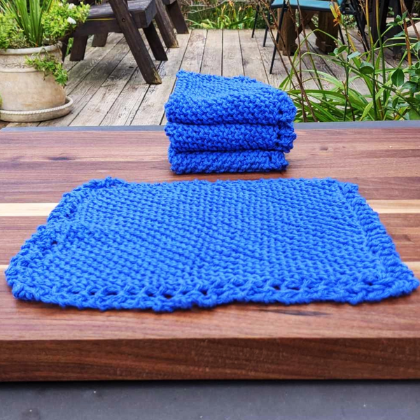 Set of Four Hand-Knit Washcloths, 100% Cotton Dishrags Bright Cobalt Blue