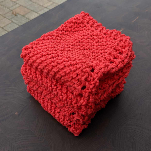 Set of Four Hand-Knit Washcloths, 100% Cotton Dishrags, Red