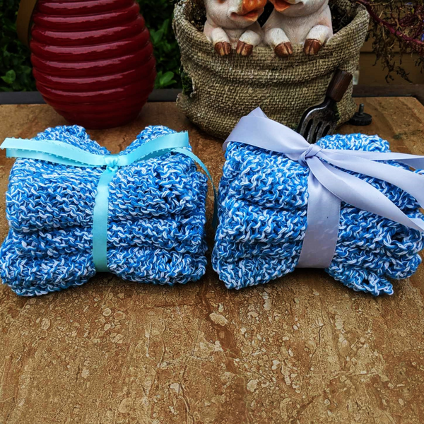 Set of Four Hand-Knit Washcloths, 100% Cotton Dishrags, Blue and White