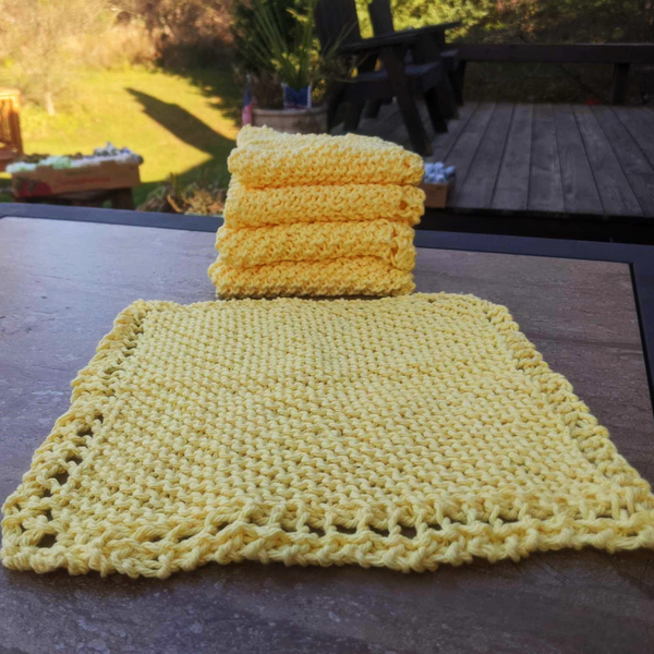Set of Four Hand-Knit Washcloths, 100% Cotton Dishrags Bright Yellow