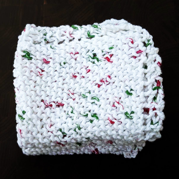 Four Hand-Knit Washcloths, 100% Cotton Dishrags, "Holly Jolly" Christmas Red, Green, & White