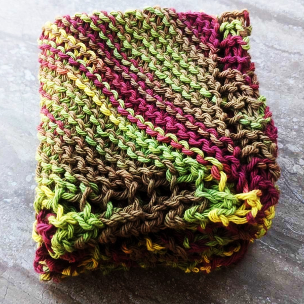 Set of Four Hand-Knit Washcloths, 100% Cotton Dishrags Burgundy, Beige, Sage Green, Golden Yellow