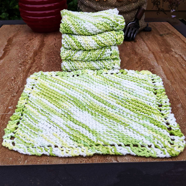 Set of Four Hand-Knit Washcloths, 100% Cotton Dishrags, "Key Lime Pie" White, Yellow, Lime Green