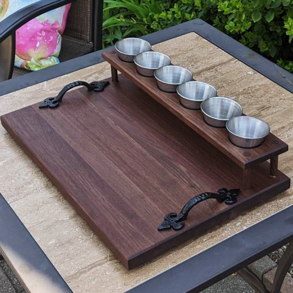 Black Walnut Wood Beer Flight Butcher Block / Charcuterie Board with 5.5 oz. Taster Glasses, Stainless Steel Sauce Cups, Cast Iron Handles, & Clear Rubber Grip Feet