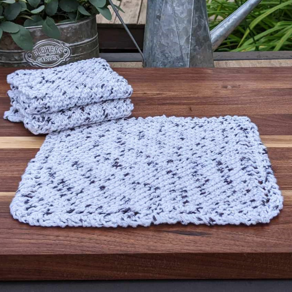 Set of Four Hand-Knit Washcloths, 100% Cotton Dishrags, Dark Gray & Off-White