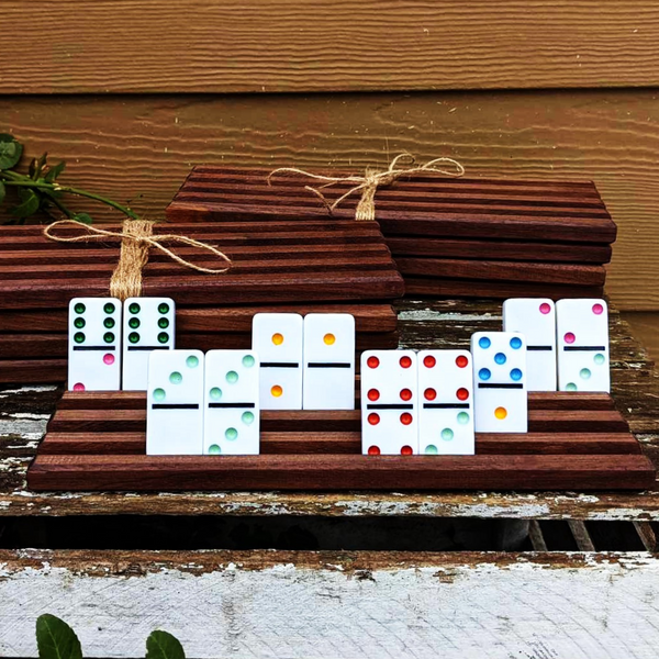 Set of FOUR Black Walnut Wood Domino Holders with 4 Angled Domino Slots Wooden Domino Game Rack Stands.