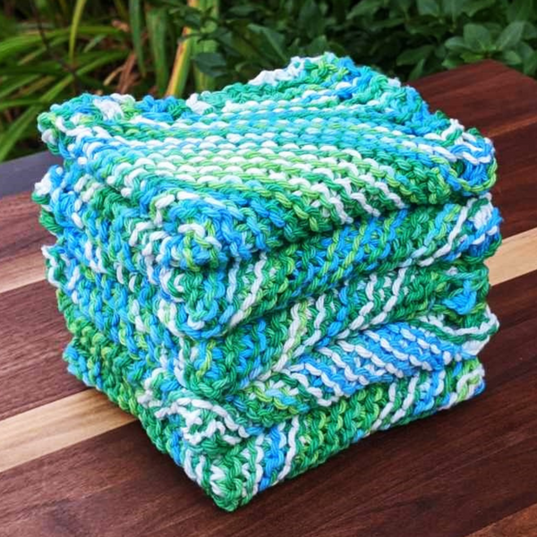 Set of Four Hand-Knit Washcloths, 100% Cotton Dishrags, Teal, Green, White & Blue