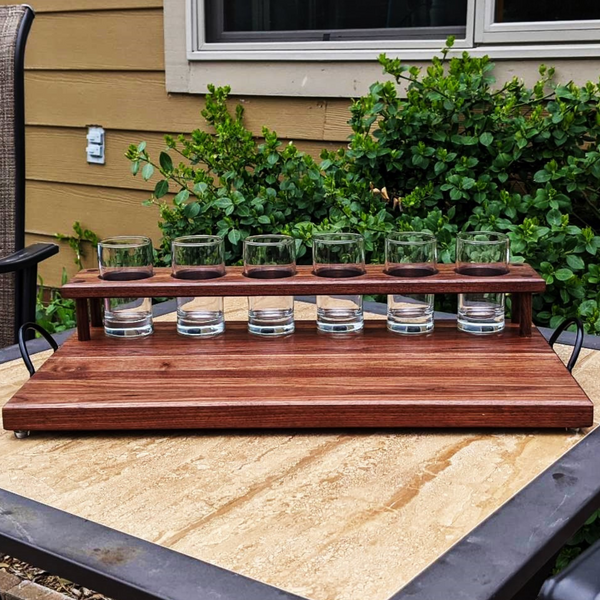 Black Walnut Wood Beer Flight Butcher Block / Charcuterie Board with 5.5 oz. Taster Glasses, Stainless Steel Sauce Cups, Cast Iron Handles, & Clear Rubber Grip Feet
