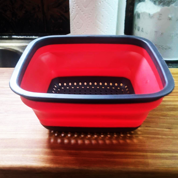 Over the Sink Cherry Wood Edge Grain Cutting Board with Colander and Clear Rubber Grip Feet