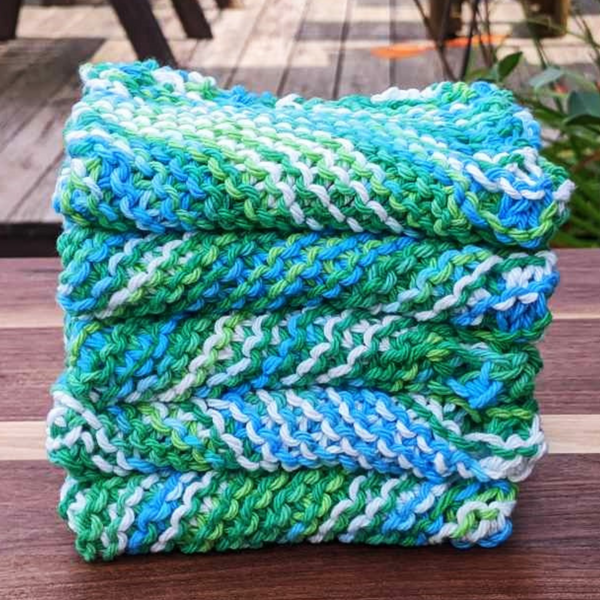 Set of Four Hand-Knit Washcloths, 100% Cotton Dishrags, Teal, Green, White & Blue