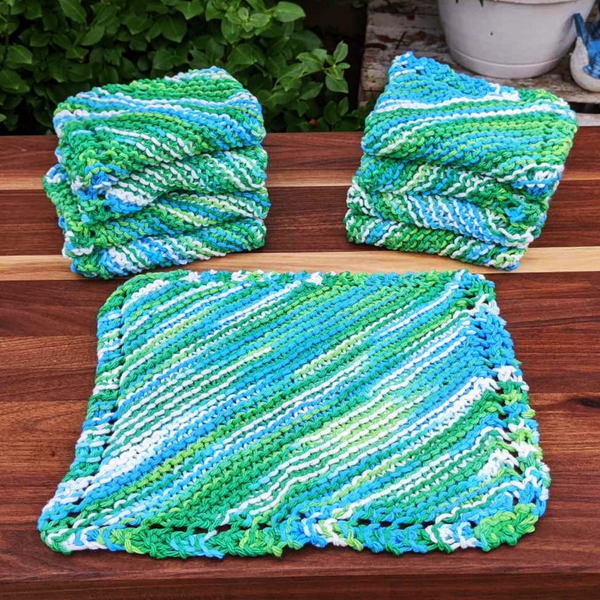 Set of Four Hand-Knit Washcloths, 100% Cotton Dishrags, Teal, Green, White & Blue