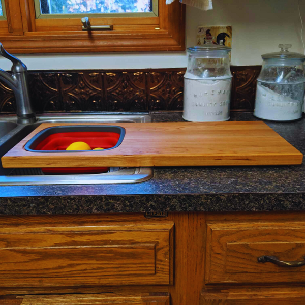 Cherry Wood Edge Grain Cutting Board with Colander and Clear Rubber Grip Feet