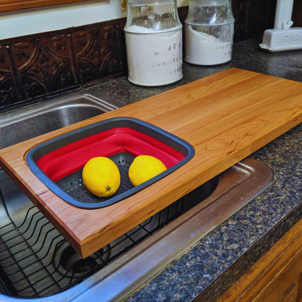 Cherry Wood Edge Grain Cutting Board with Colander and Clear Rubber Grip Feet