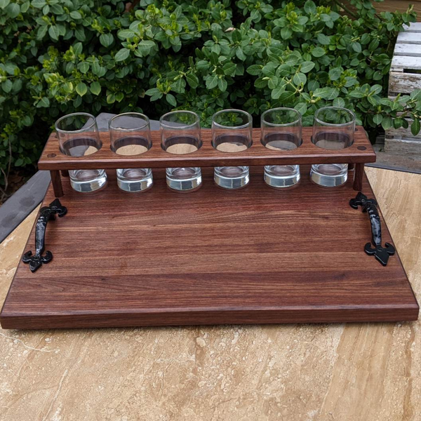 Black Walnut Wood Beer Flight Butcher Block / Charcuterie Board with 5.5 oz. Taster Glasses, Stainless Steel Sauce Cups, Cast Iron Handles, & Clear Rubber Grip Feet