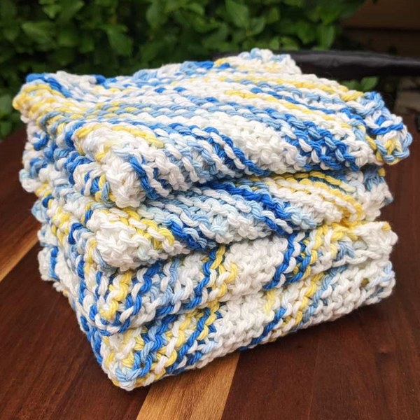 Set of Four Hand-Knit Washcloths, 100% Cotton Dishrags Blue, Yellow, & White
