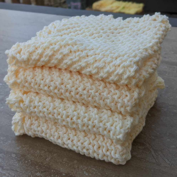 Set of Four Hand-Knit Washcloths, 100% Cotton Dishrags Light Soft Yellow
