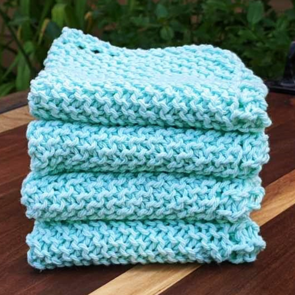 Set of Four Hand-Knit Washcloths, 100% Cotton Dishrags, Mint Green