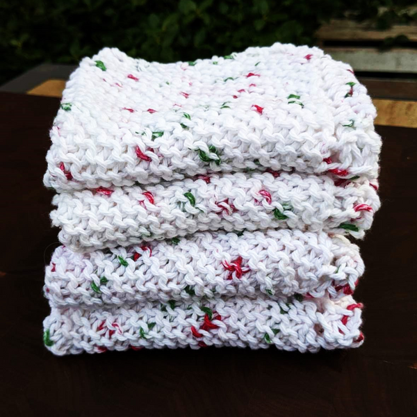 Four Hand-Knit Washcloths, 100% Cotton Dishrags, "Holly Jolly" Christmas Red, Green, & White