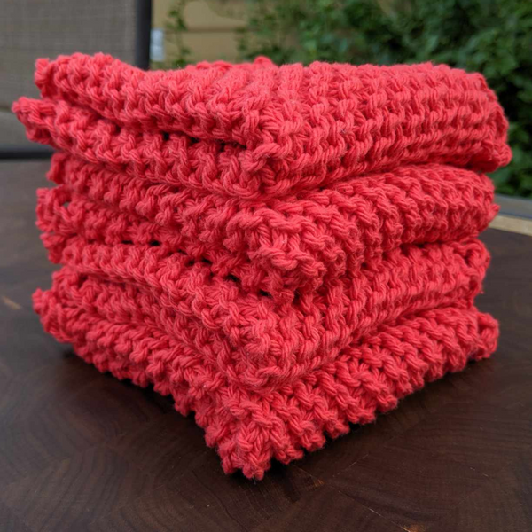 Set of Four Hand-Knit Washcloths, 100% Cotton Dishrags, Red