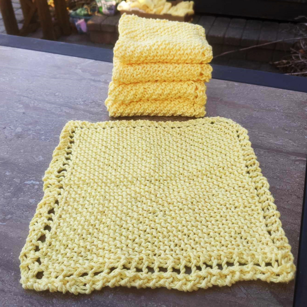 Set of Four Hand-Knit Washcloths, 100% Cotton Dishrags Bright Yellow