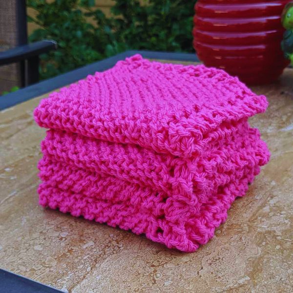 Set of Four Hand-Knit Washcloths, 100% Cotton Dish Cloths, Bright Magenta