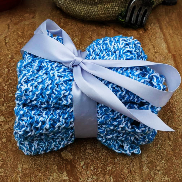 Set of Four Hand-Knit Washcloths, 100% Cotton Dishrags, Blue and White