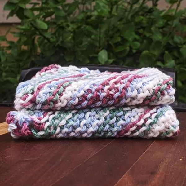 Set of Two Hand-Knit Washcloths, 100% Cotton Dishrags, Purple, White, & Blue