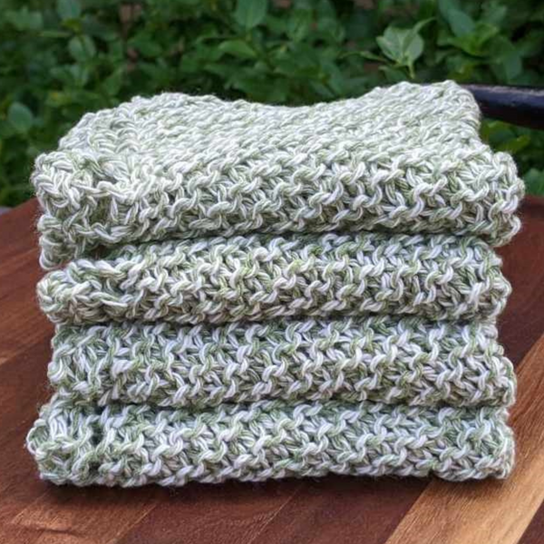 Set of Four Hand-Knit Washcloths, 100% Cotton Dishrags, Sage Green & White