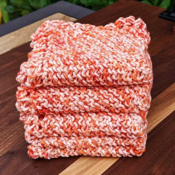 Set of Four Hand-Knit Washcloths, 100% Cotton Dishrags Orange & White