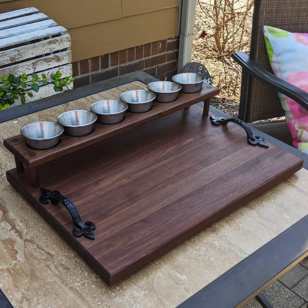 Black Walnut Wood Beer Flight Butcher Block / Charcuterie Board with 5.5 oz. Taster Glasses, Stainless Steel Sauce Cups, Cast Iron Handles, & Clear Rubber Grip Feet