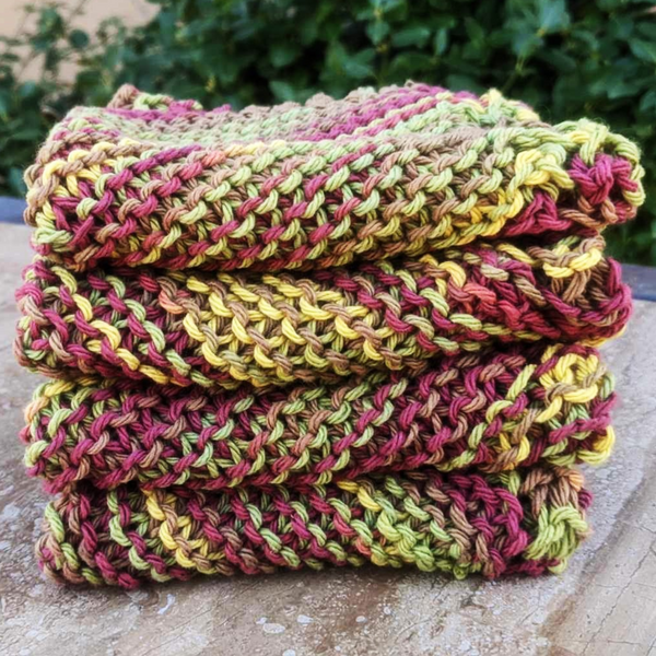 Set of Four Hand-Knit Washcloths, 100% Cotton Dishrags Burgundy, Beige, Sage Green, Golden Yellow
