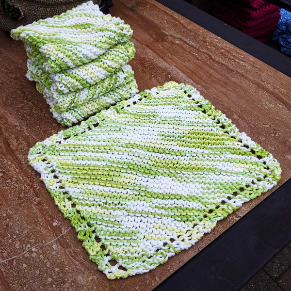 Set of Four Hand-Knit Washcloths, 100% Cotton Dishrags, "Key Lime Pie" White, Yellow, Lime Green