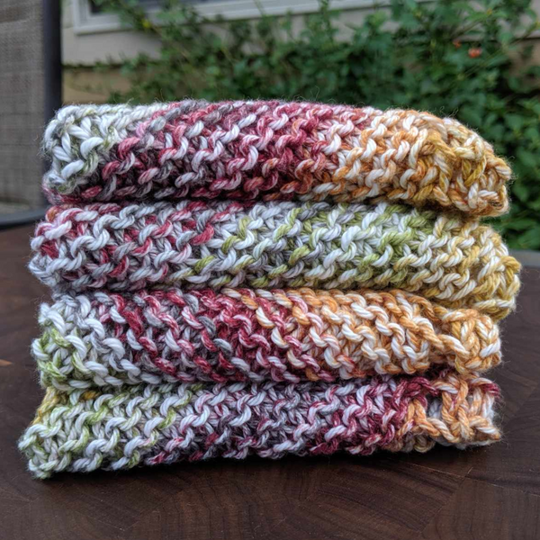 Set of Four Ombre Hand-Knit Washcloths, 100% Cotton Dishrags, Maroon, Mustard Yellow, Sage Green, and White
