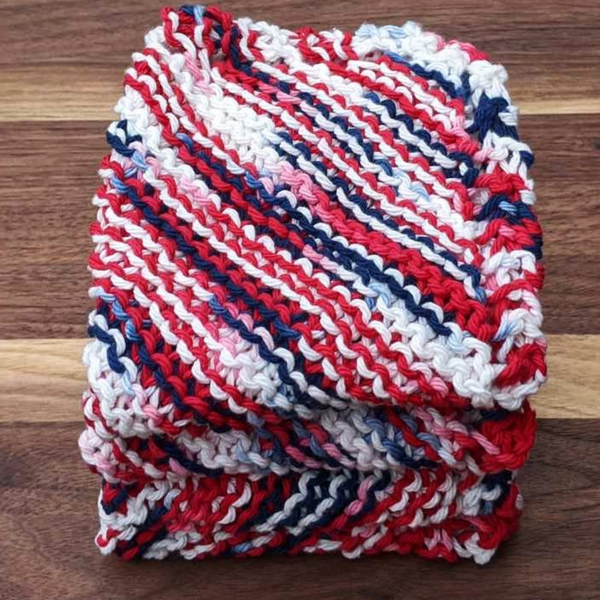 Set of Four Hand-Knit Washcloths, 100% Cotton Dishrags Red, White, & Blue