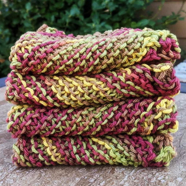 Set of Four Hand-Knit Washcloths, 100% Cotton Dishrags Burgundy, Beige, Sage Green, Golden Yellow