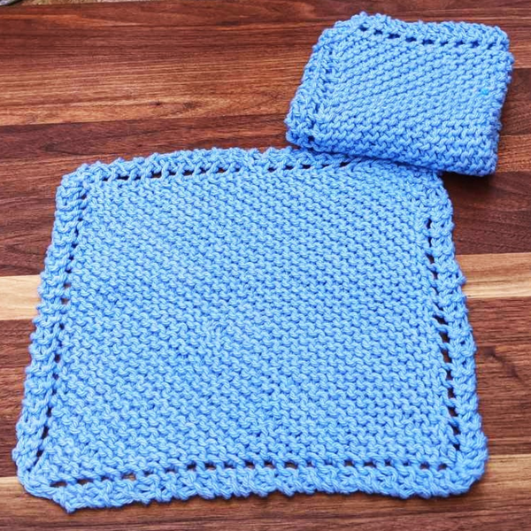 Set of Two Hand-Knit Washcloths, 100% Cotton Dishrags, Blue