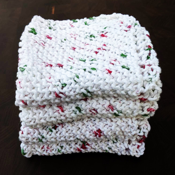 Four Hand-Knit Washcloths, 100% Cotton Dishrags, "Holly Jolly" Christmas Red, Green, & White
