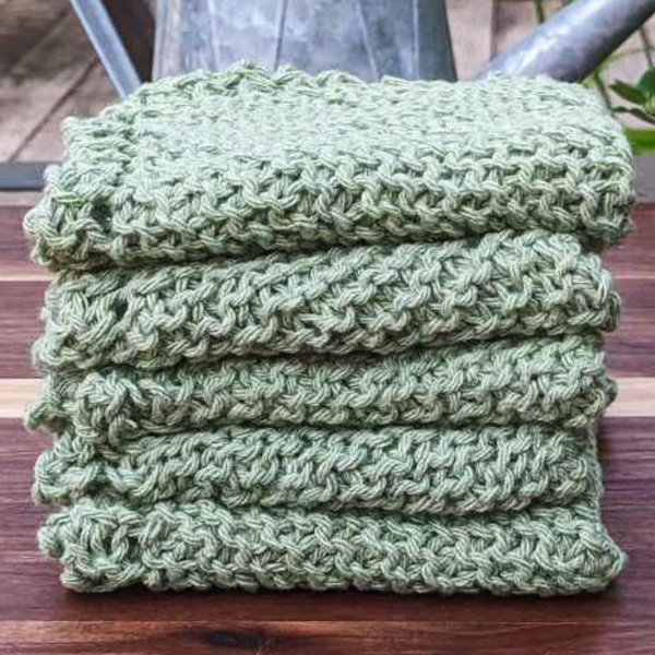 Set of Four Hand-Knit Washcloths, 100% Cotton Dishrags, Sage Green