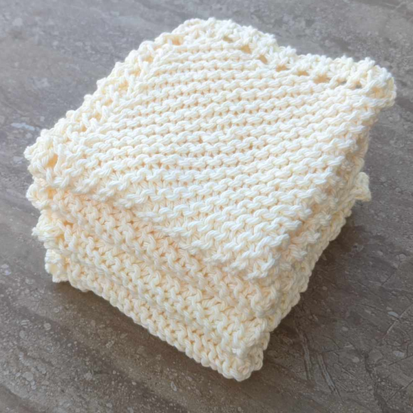Set of Four Hand-Knit Washcloths, 100% Cotton Dishrags Light Soft Yellow