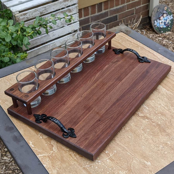 Black Walnut Wood Beer Flight Butcher Block / Charcuterie Board with 5.5 oz. Taster Glasses, Stainless Steel Sauce Cups, Cast Iron Handles, & Clear Rubber Grip Feet