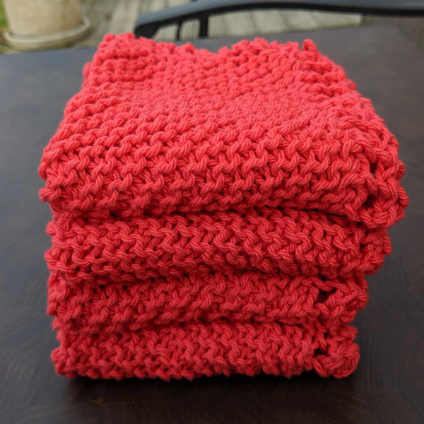 Set of Four Hand-Knit Washcloths, 100% Cotton Dishrags, Red