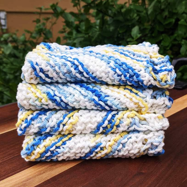 Set of Four Hand-Knit Washcloths, 100% Cotton Dishrags Blue, Yellow, & White