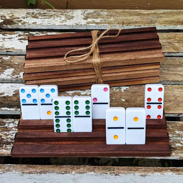 Set of FOUR Mini Black Walnut Wood Domino Holders with 3 Angled Domino Slots, Set of 4 Small Wooden Domino Rack Stands.