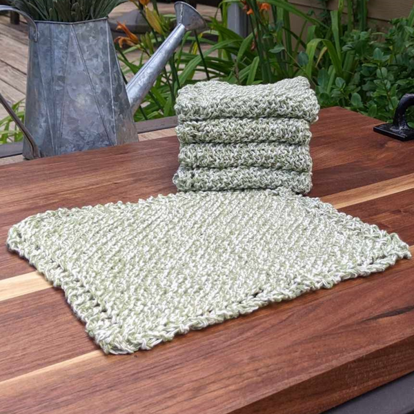 Set of Four Hand-Knit Washcloths, 100% Cotton Dishrags, Sage Green & White