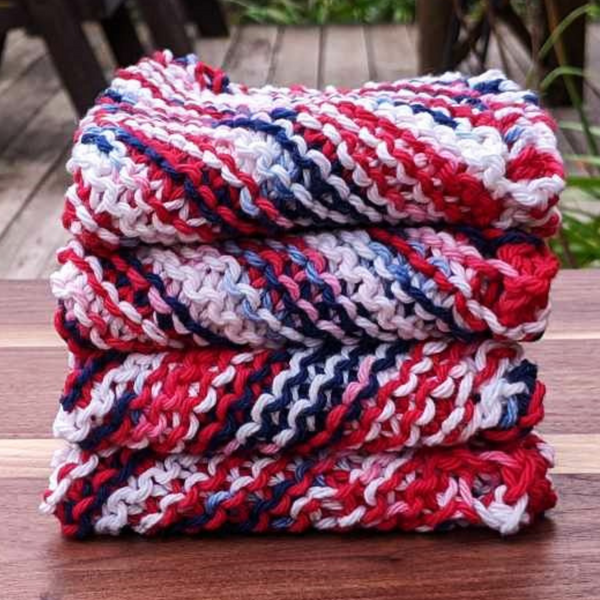 Set of Four Hand-Knit Washcloths, 100% Cotton Dishrags Red, White, & Blue