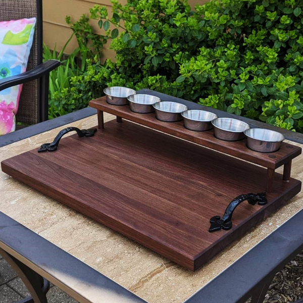 Black Walnut Wood Beer Flight Butcher Block / Charcuterie Board with 5.5 oz. Taster Glasses, Stainless Steel Sauce Cups, Cast Iron Handles, & Clear Rubber Grip Feet