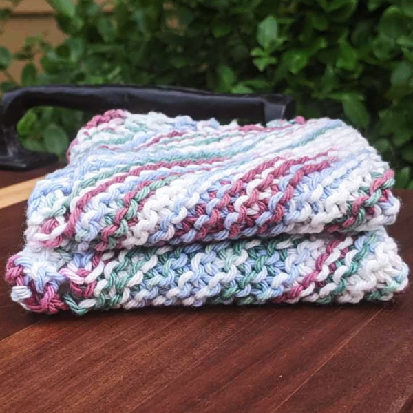 Set of Two Hand-Knit Washcloths, 100% Cotton Dishrags, Purple, White, & Blue