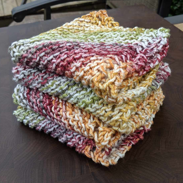 Set of Four Ombre Hand-Knit Washcloths, 100% Cotton Dishrags, Maroon, Mustard Yellow, Sage Green, and White