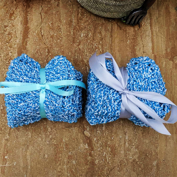 Set of Four Hand-Knit Washcloths, 100% Cotton Dishrags, Blue and White